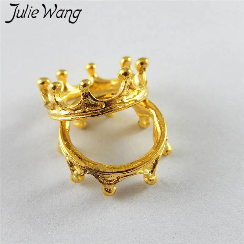 Julie Wang 10PCS Gold Color Crown Ring Circular Charms For Necklace Pendants Findings Jewelry Making Accessory Suspension