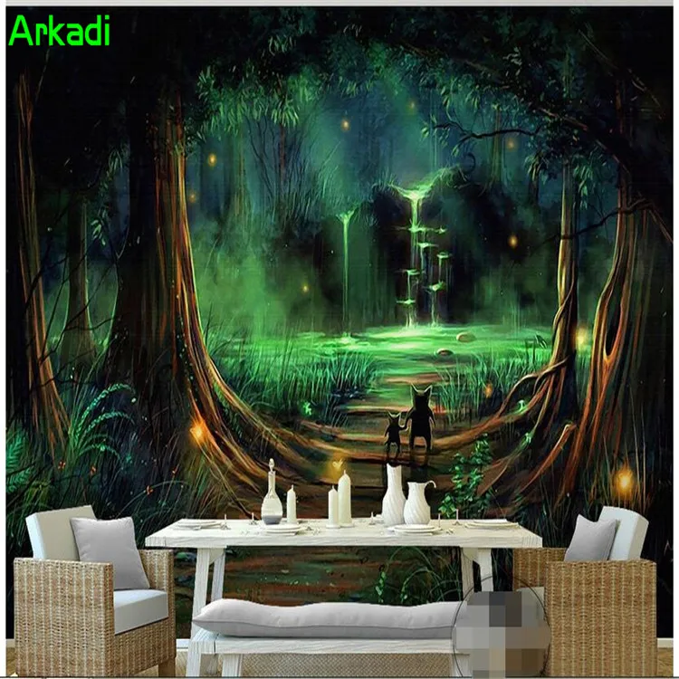 

3d wallpaper custom photo green dreamy abstract forest waterfall water animal decorative painting bedroom wallpaper wall