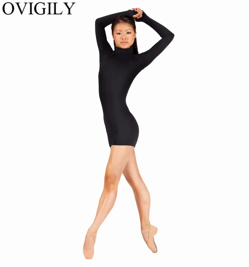 OVIGILY Women's Long Sleeve Mock Neck Biketard Thumbholes Adults Black One Piece Dance Gymnastics Unitard Dancewear with Zipper