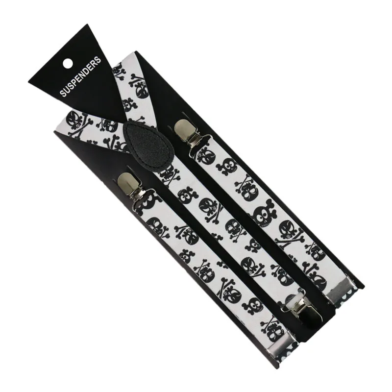 Adjustable Elasticated 2.5cm Wide Skull Cobweb Print Suspender Straps Unisex Men Womens Y-Shape Elastic 3 Clip Suspenders