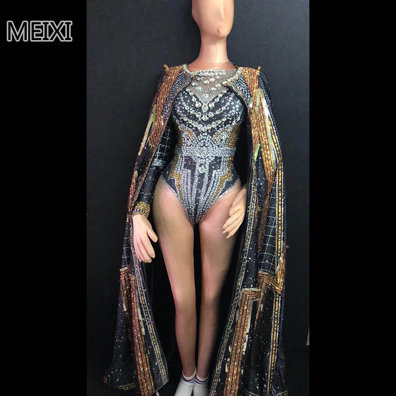 

Atmospheric black rhinestone cloak elastic jumpsuit bar nightclub concert singer dancer costume