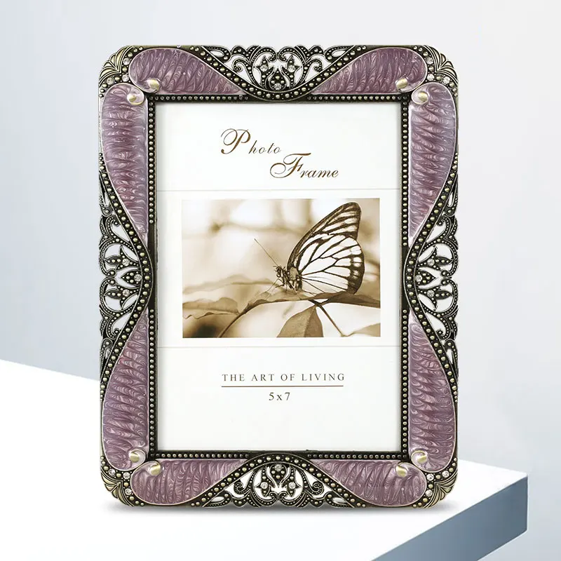 Antique Brass Purple Silver White Jeweled 4x6, 5x7 Inches Two Ways Home Decor Tabletop Metal Alloy Picture Photo Frames