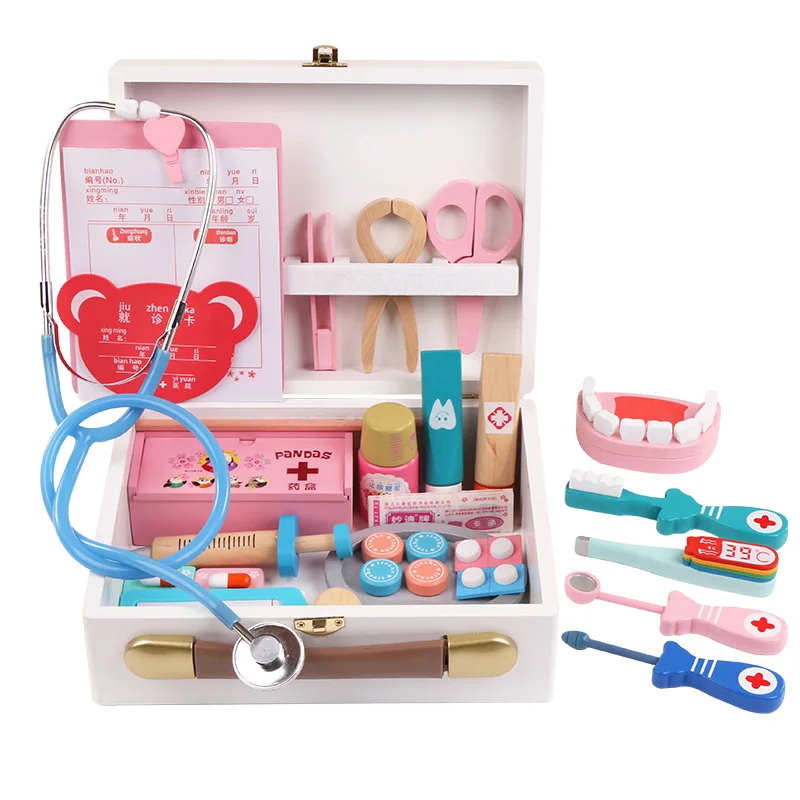 Children's wooden simulation Pretend Play Doctor toy nurse injection Game Medicine Box