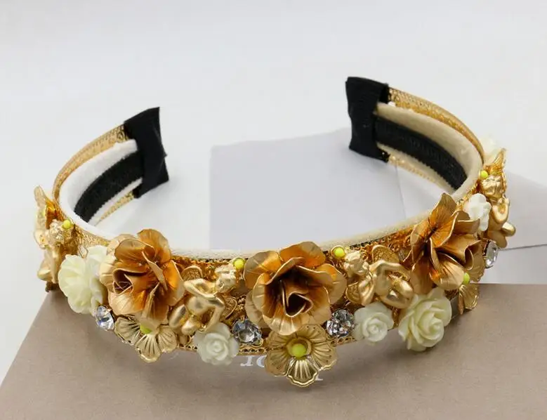 

baroque vintage metal flowers rose hairbands new gold metallic angel baby gem headbands for women statement jewelry