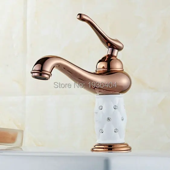 

White Paint Golden Copper Taps Antique Rose basin faucet with diamond hot and cold deck mounte water faucet RS318