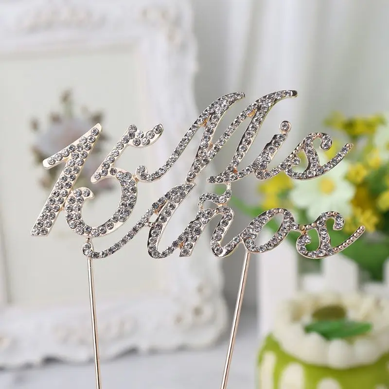 Sparkling Bling Number 15 Mis Anos Letters Cake Topper Rhinestone Alloy Cupcake Picks Birthday Party Decoration Supplies