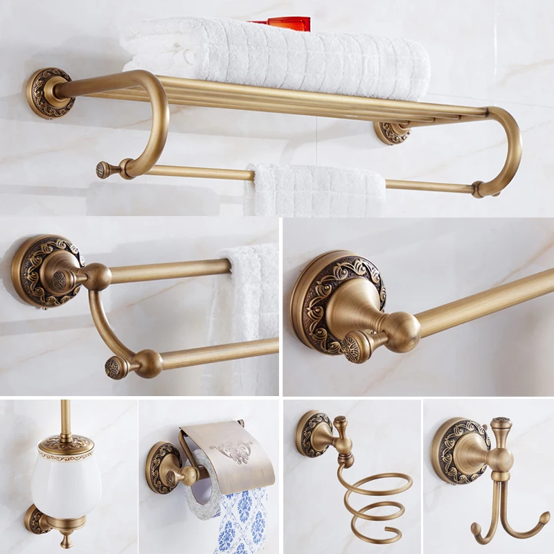 Bathroom Accessories Set Brass Antique Bronze Carved Bath Hardware Sets Towel Rack,Paper holder Toilet Brush Holder,Faucet