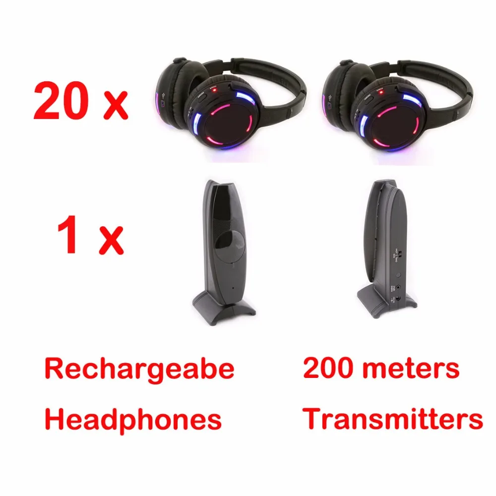 

Silent Disco 3 Channels 20 LED Headphones with 500m transmitter- RF Wireless Headset Bundle for Quiet Events Party