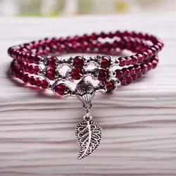 Wine Red Garnet Natural Stone Bracelets Beads Tibetan Silver Leaf Pendant Women Beauty Bracelet Multilayer Jewelry