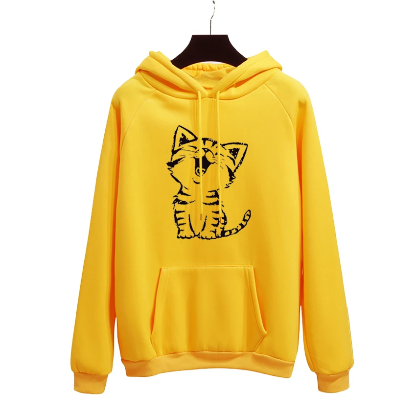 

Happy Cat Harajuku Print Hoodies Women Autumn Winter Office Lady Pullover Yellow Thick Loose Moletom Feminino Clothes Size 40-50