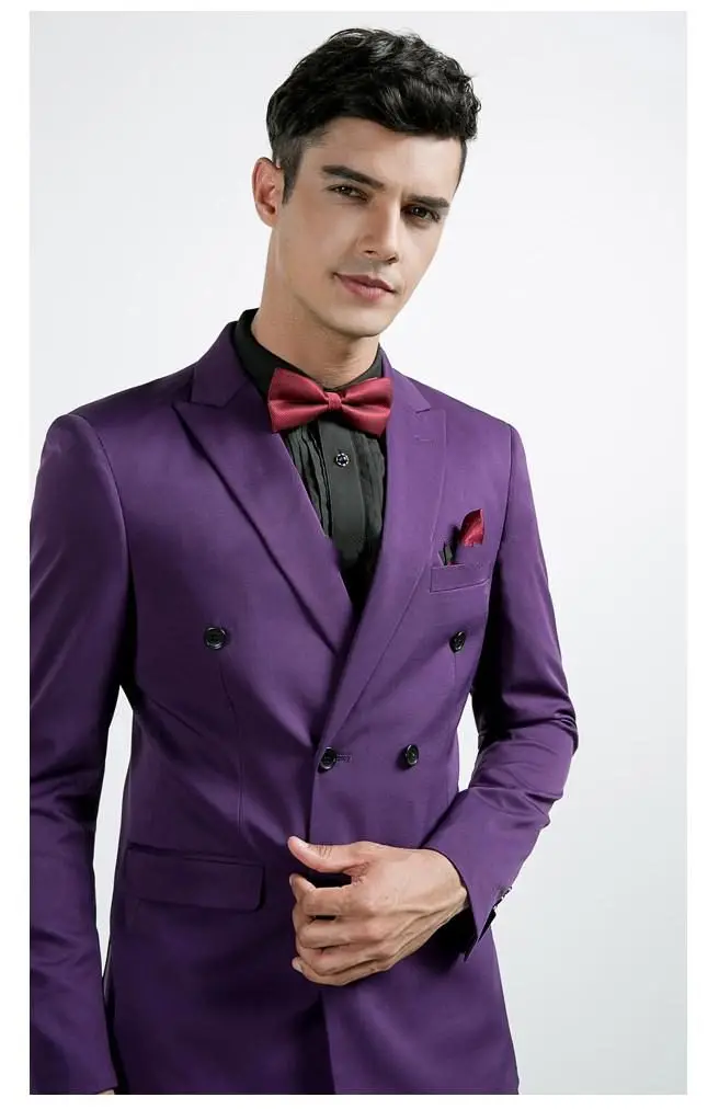 

New Fashion Double Breasted Purple Groom Tuxedos Groomsmen Peak Lapel Mens Suits Blazers (Jacket+Pants+Tie) W:797