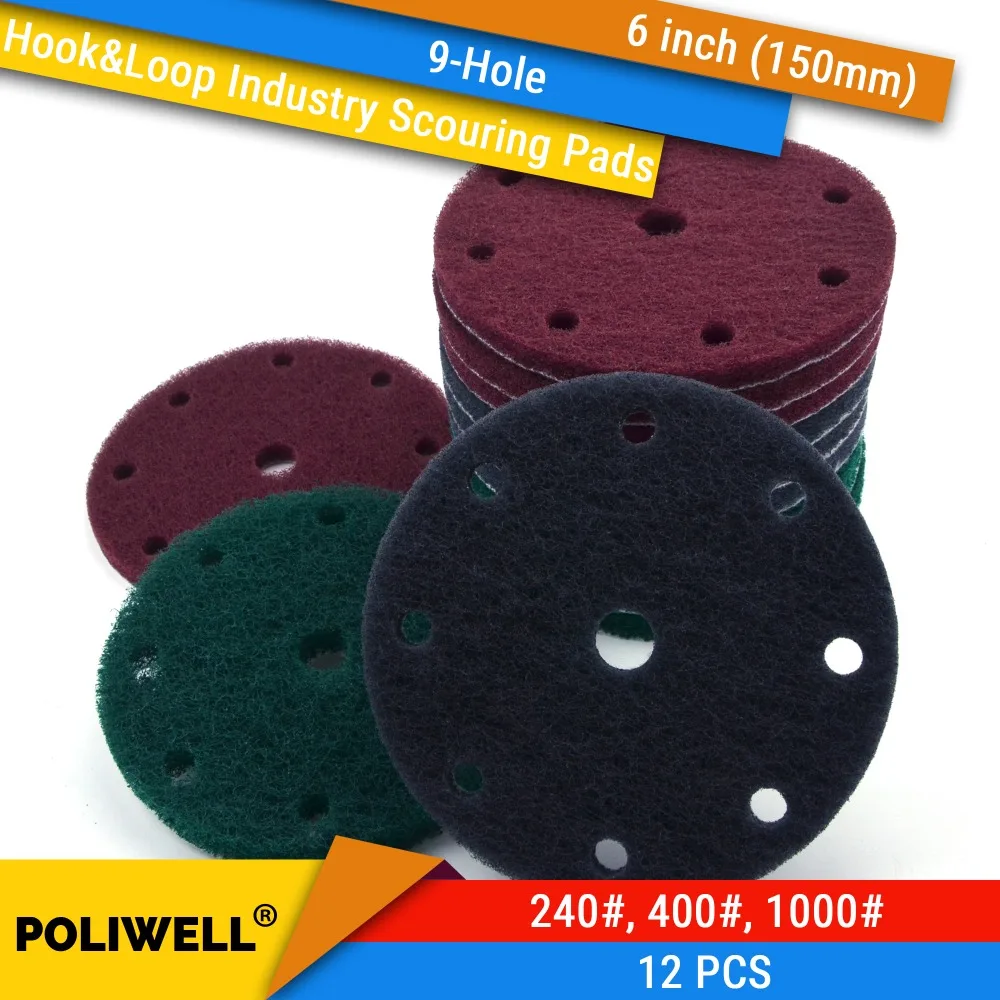 12PCS 6 Inch 150mm  9-Hole Round Hook&Loop Industrial Scouring Pads Heavy Duty 240#/400#/1000# Nylon Polishing Pad for Cleaning