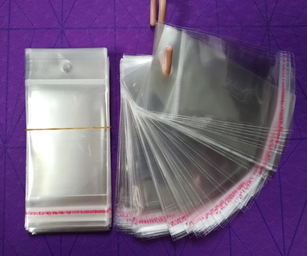 500pcs/lot Clear Self Adhesive Seal Plastic Bags Transparent Resealable Cellophane  Poly Packing Bags OPP Bag With Hanging Hole