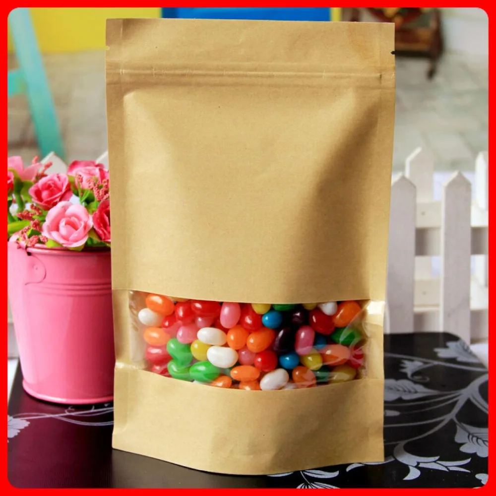 

wholesale 9cmx14cm 50Pcs/Lot Matte Window Kraft Paper Glossy Doypack Packing Pouch Nut Bean Ziplock Food Storage Package Bag