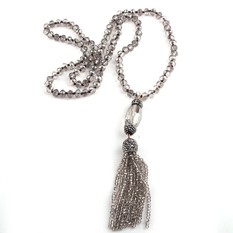 Fashion Bohemian Jewelry Crystal Glass Knotted Handmake Paved Crystal Tubes Tassel Long Necklace