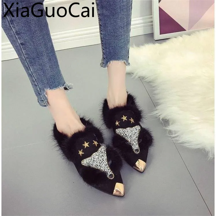 Autumn/Winter Pointed Toe Women Flats Shoes Crystal Plush Women Slip-On PU Casual Flat Shoes Women Plush Flat Shoes