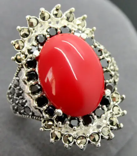noble 16*27mm 925 STERLING SILVER MARCASITE RED CORAL RING SIZE 7/8/9/10