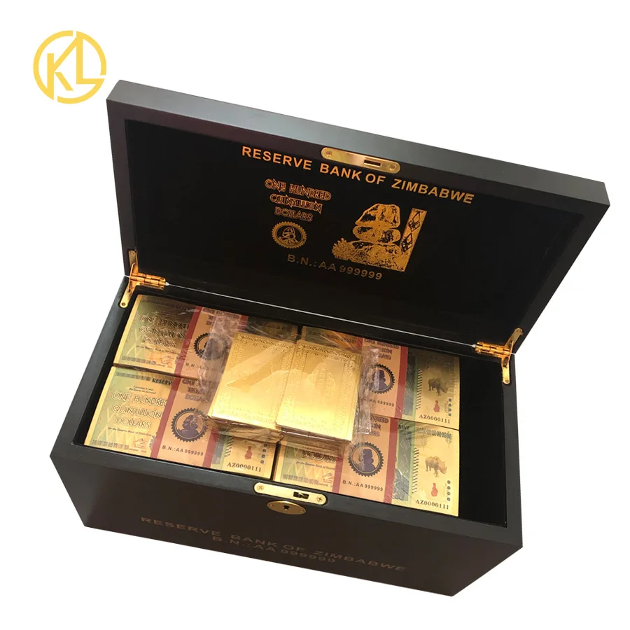 wholesale 1200pcs for a box One Hundred Trillion/Quintillion Dollars Zimbabwe Gold  Banknote in wooden box with certificates