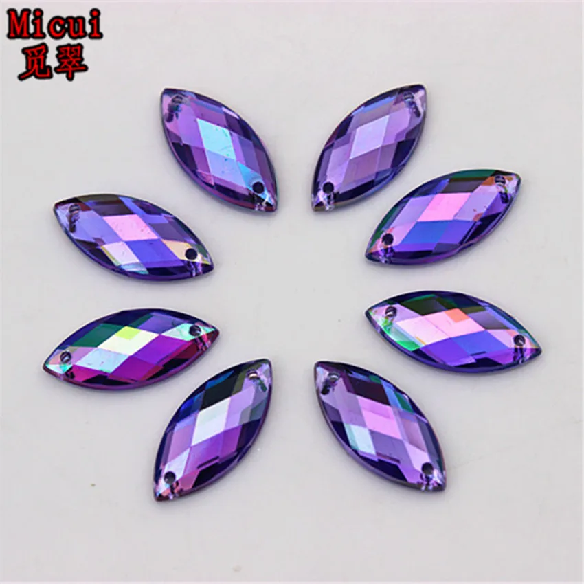 Micui 100PCS 9*20mm AB Color Acrylic Rhinestones Sew On Crystal Flatback Horse Eye Gems Stones For Clothes Dress Crafts ZZ329