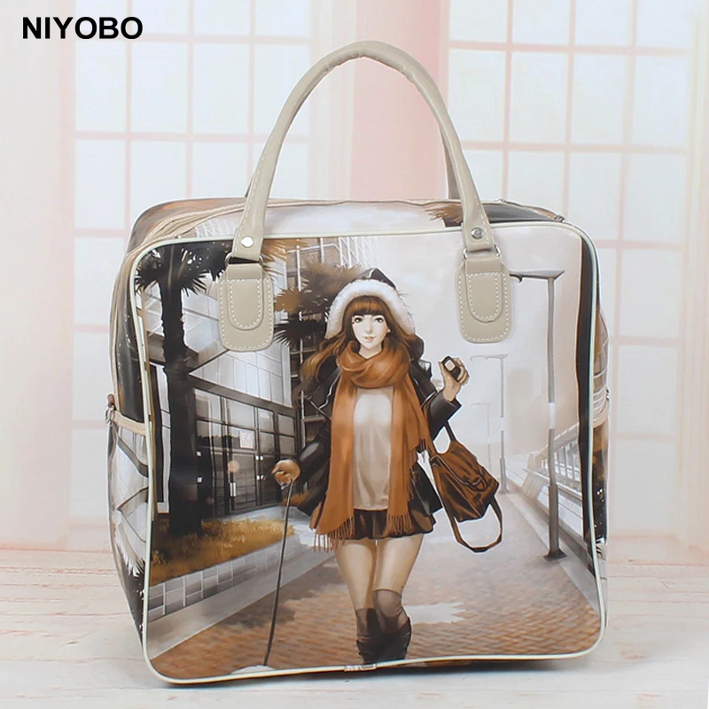 Bolso de viaje impermeable para mujer, bolsa de mano de cuero PU con estampado de dibujos animados, PT974, novedad de 2019