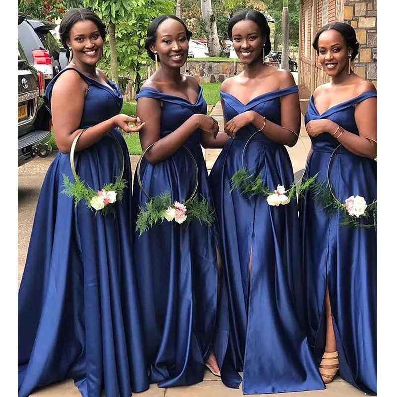 

Off Shoulder African Bridesmaid Dress Navy Blue Simple Satin Long Robe De Soiree Long Cheap Maid Of Honor Women Party Dress