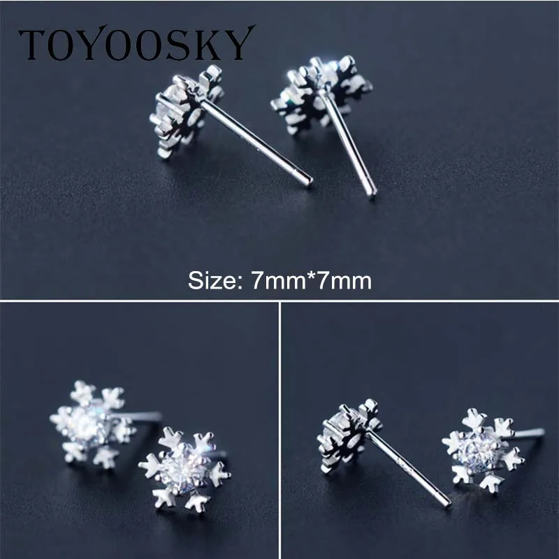 TOYOOSKY Crystal Snowflake Snow Flake Earrings Pink White Blue 925 Sterling Silver Bijoux Stud Earrings For Women Lady Jewelry