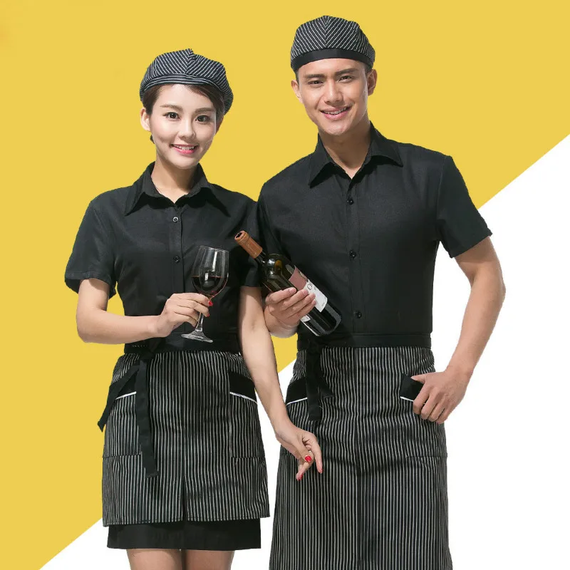 Waitress Work Clothes Jacket Short-sleeved Female Cafe Club Overalls Restaurant Hot Pot Shop Hotel Waiter Male Single Top H2250