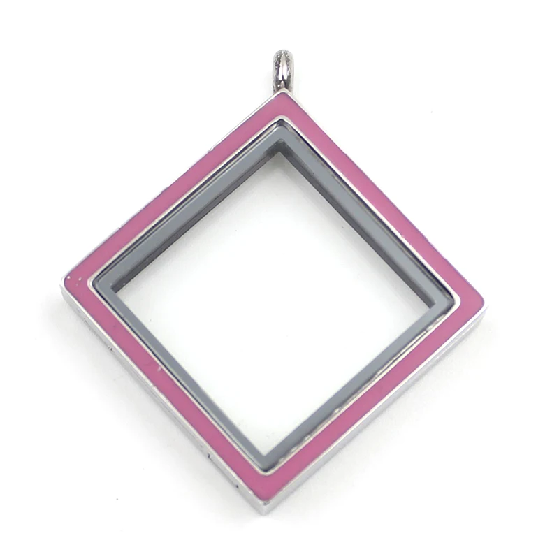 Wholesale 316L stainless steel 30MM Blue/Pink double-sided enamel square shape floating locket glass memory pendant