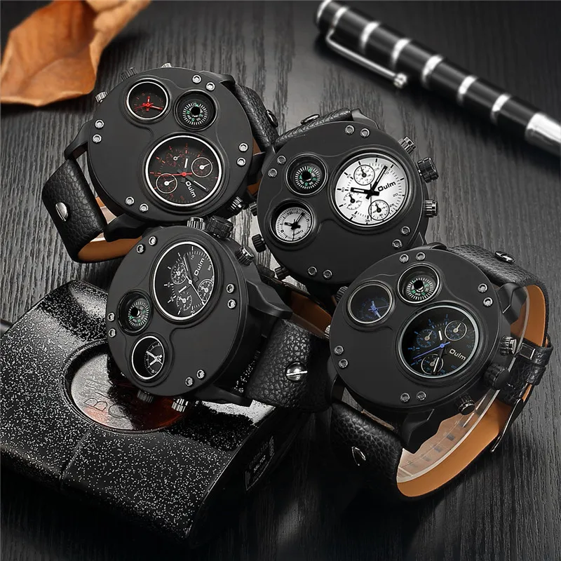 Oulm Fashion Men\'s Watches Black Leather Dual Time Zone Wristwatch Male Quartz Big Size Luxury Military Watch Dropshipping