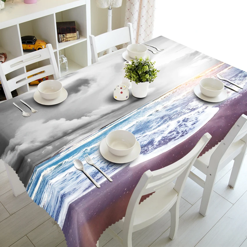 Waterproof Rectangular and Round 3D Tablecloth, Wedding Table Cloth, Merry Christmas, Sea Beach, Blue Sky Pattern, Thicken Cloth