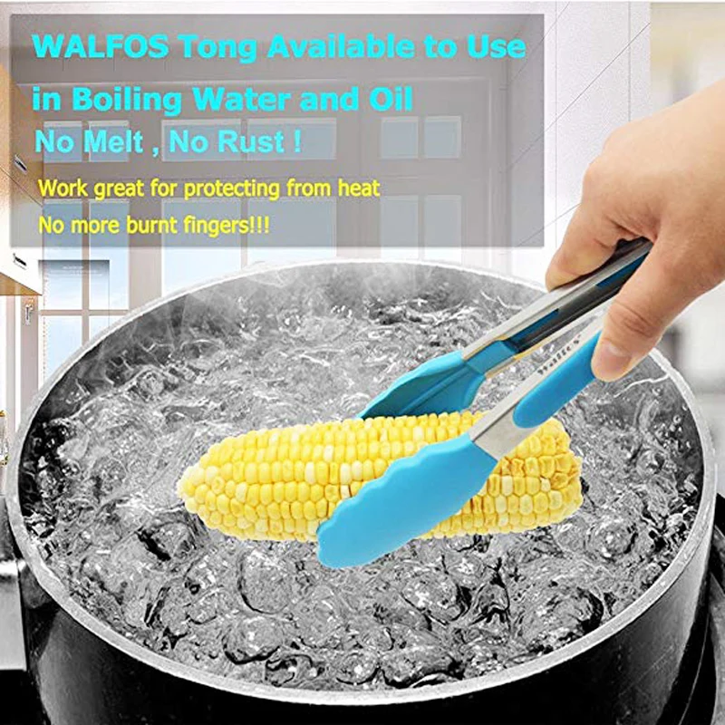 WALFOS Stainless Steel Silicone Kitchen Tongs BBQ Clip Salad Bread Cooking Food Serving Tongs Kitchen Tools