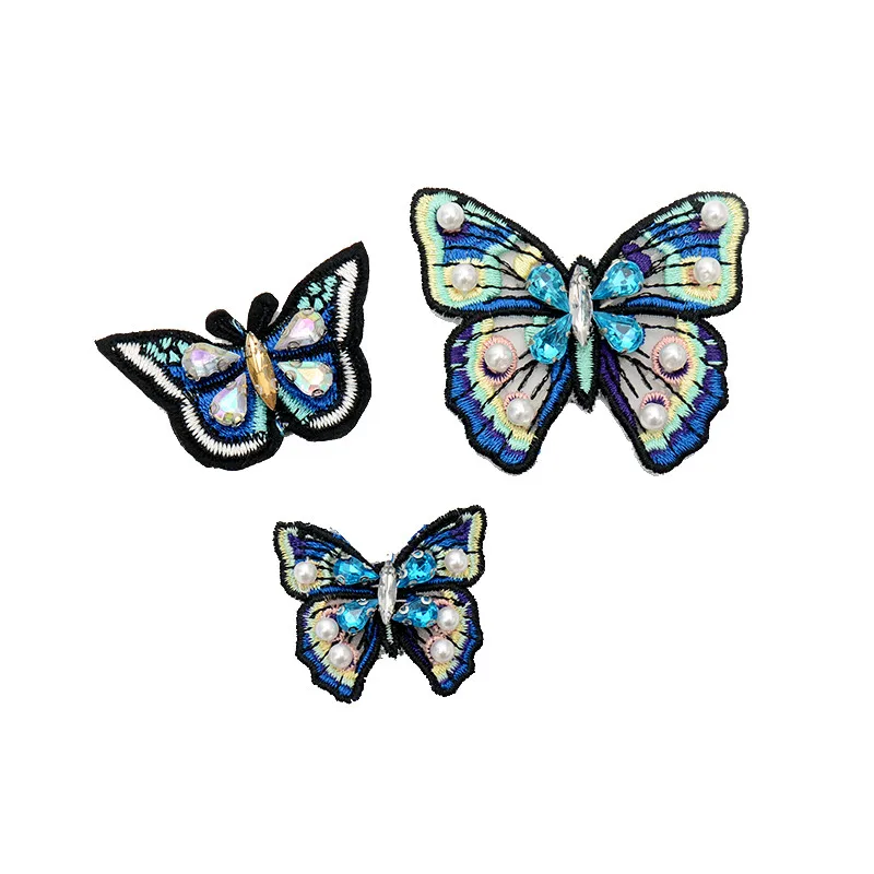 AHYONNIEX Brand 1pcs Blue Butterfly beads rhinestones patches sew on beading applique clothes shoes bags decoration patch DIY