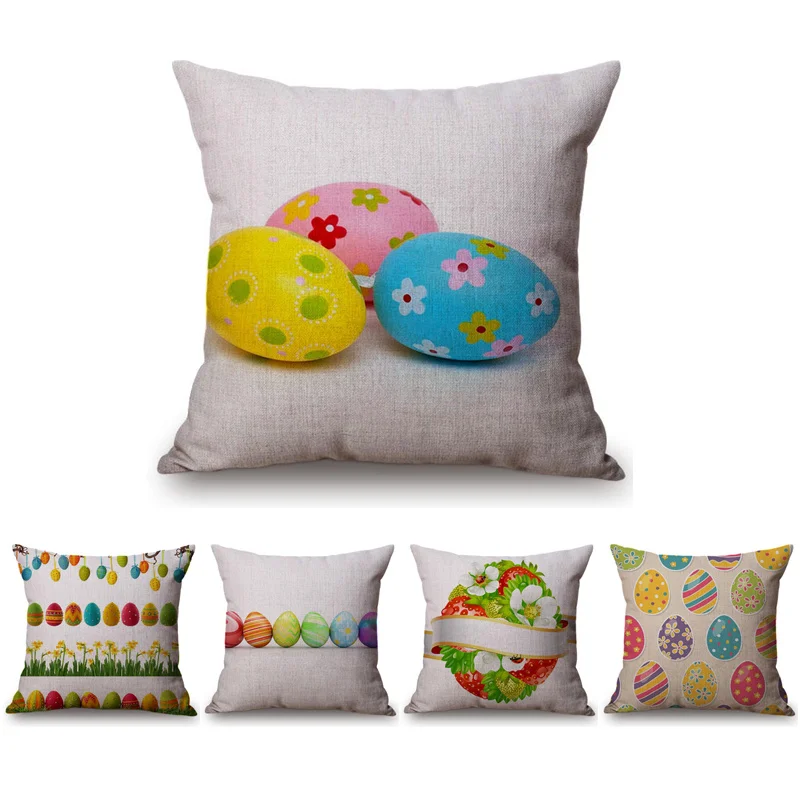 

Happy Easter Colorful Eggs Tree Home Decorative Cotton Linen Throw Pillow Case Easter Rabbit Celebration Decor Cushion Cover