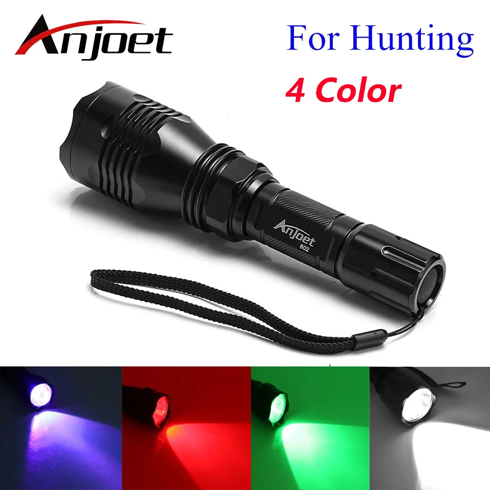 Anjoet 802 Tactical Flashlight 1-Mode XML L2 White/Green/Red/Blue LED Torch Light 18650 Rechargeable For hunt Camping lanterna