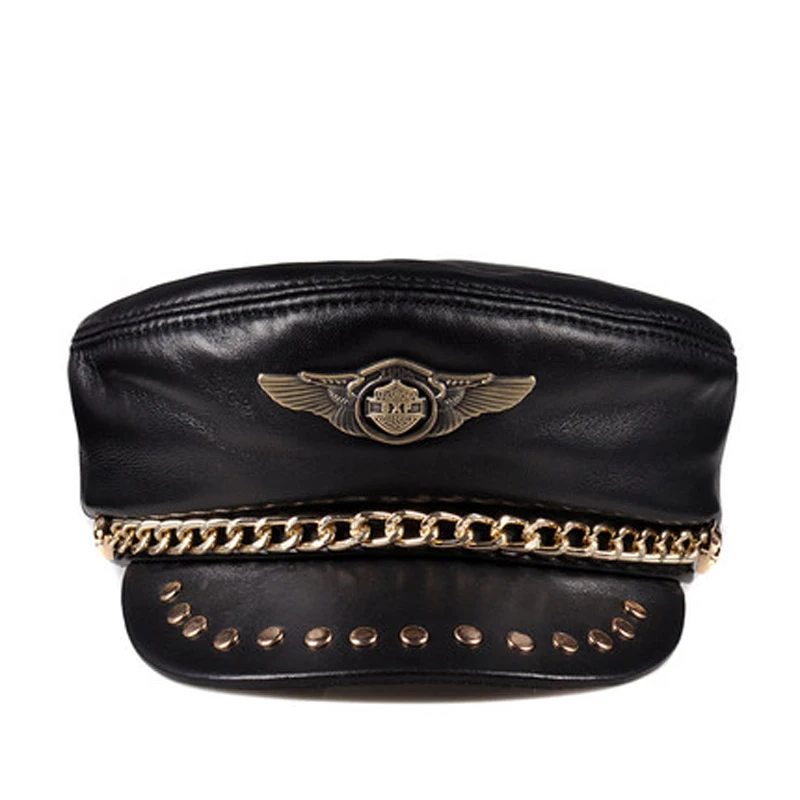 Spring Unisex Genuine Leather Flat Top Baseball Caps For Men Women Hat Punk Rock Rivet Golden Chain Casquette Army Navy Caps Fit