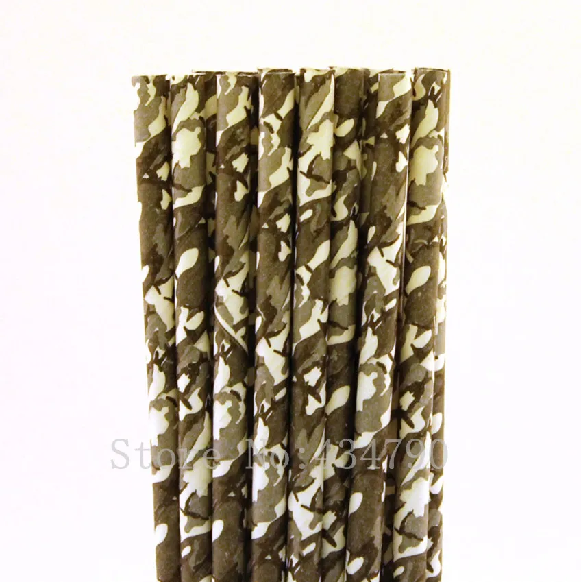 200 Pcs Grey Camouflage Paper Straw-Woodland Hunting Winter Camo Camping Military Paper Drinking Straws-Kids Birthday Party Bulk