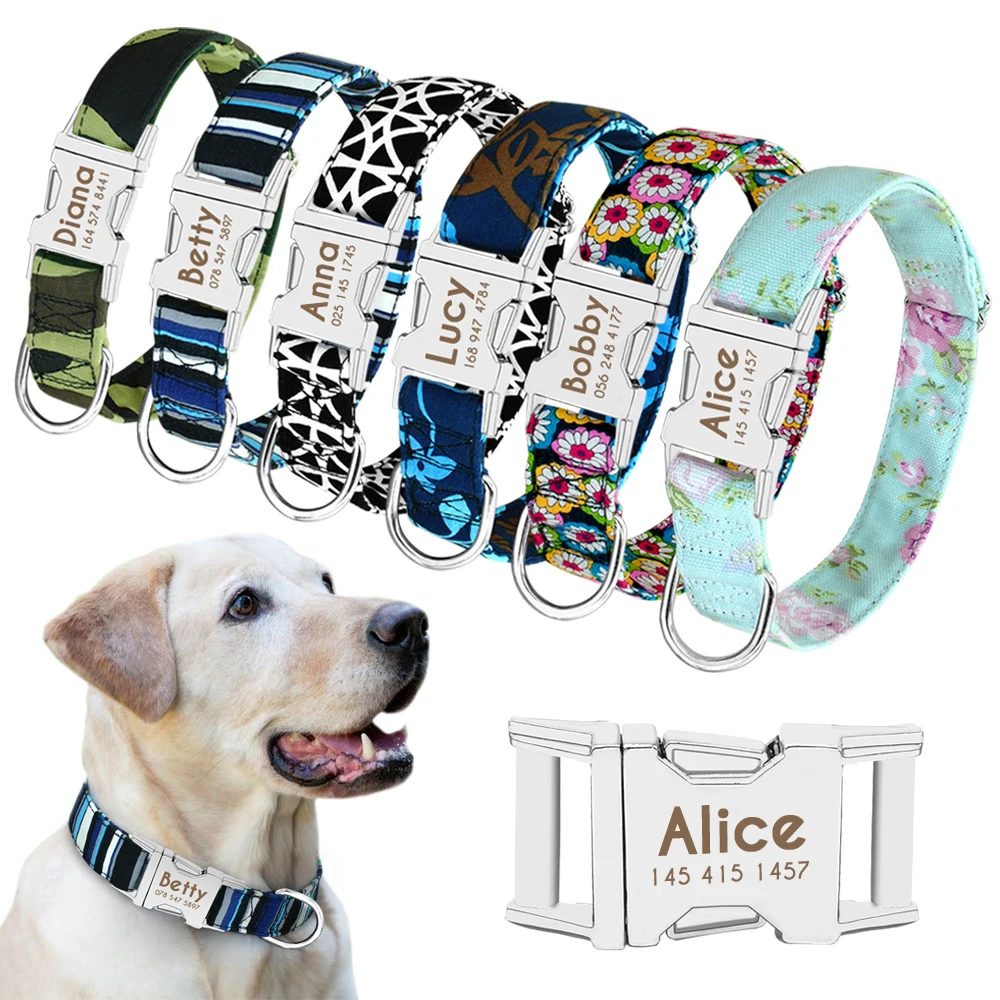 Personalized Dog Collar Leash Nylon Print Small Dog Collars and Lead for Small Medium Large Pet Pitbull German Shepherd Puppy