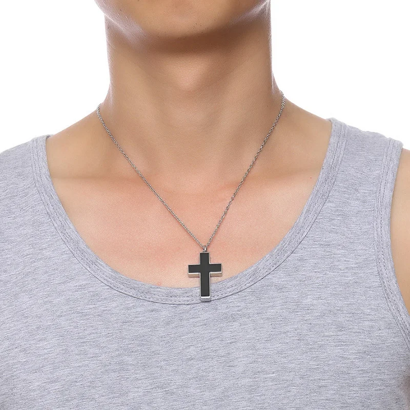 Men's Black Cross Cremation Pendant Necklace for Men Stainless Steel Ashes Urn Keepsake Male Jewelry with 20/24 inch