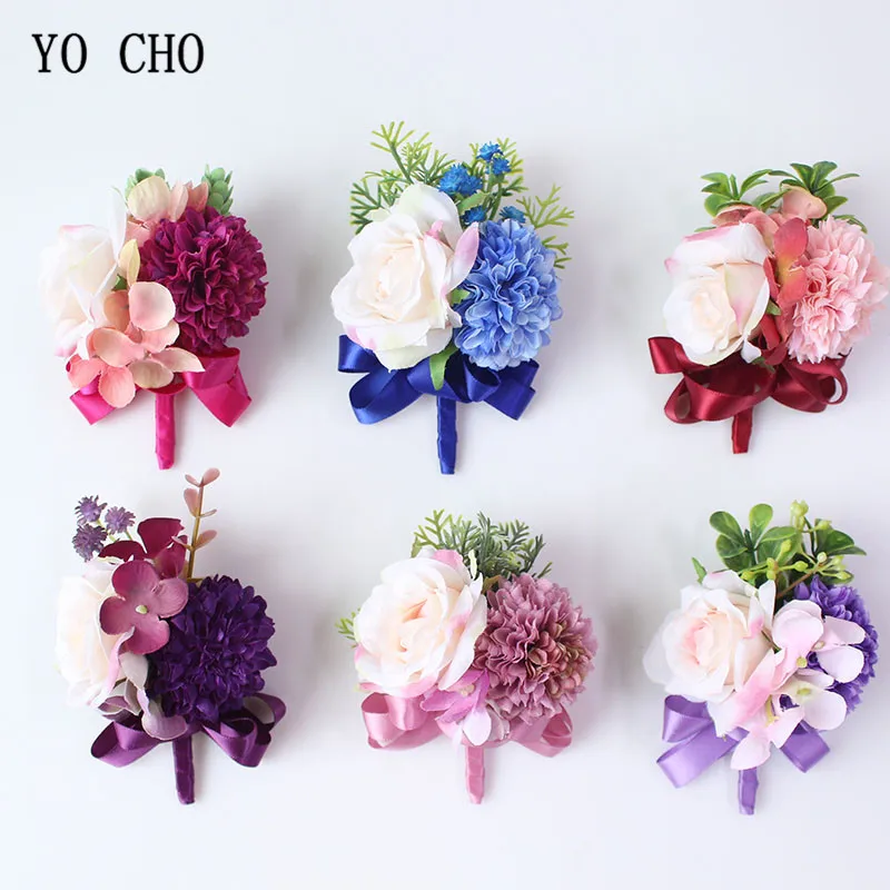 

YO CHO Boutonnieres Silk Roses Wrist Corsages Pink Cuff Bracelets Bridesmaid Groom Flower Boutonnieres Marriage Wedding Supplies