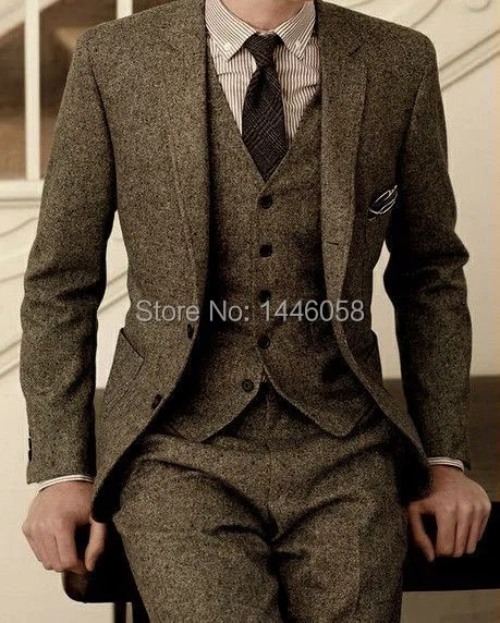 

2024 Latest Coat Pant Designs Winter Brown Tweed Business Formal Wedding Suits 3 Piece Slim Fit Mens Groom Tuxedo Masculino