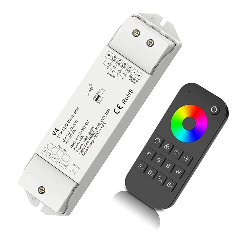 

Led RGB RGBW Strip Controller 2.4G RT4 Wireless Remote With V4 4 Channel 5A Receiver 12V 24V 5050 3528 String Ribbon Control