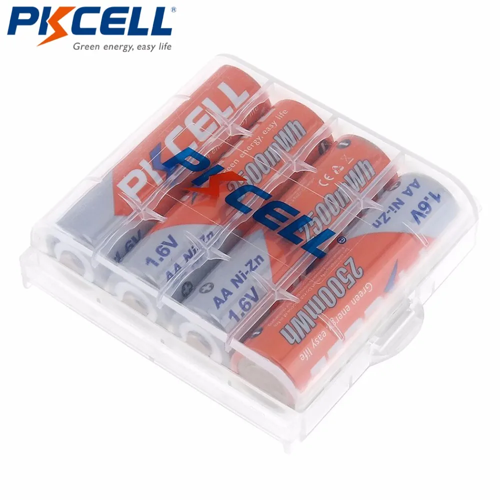 PKCELL 4PCS 2500mWh battery Ni-Zn Batteries 1.6V Nickel-Zinc AA Rechargeable Battery +1Pcs Battery Storage Hard Case Boxes