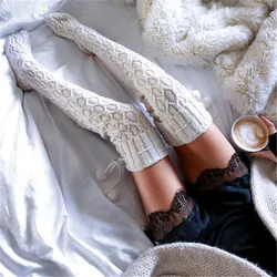 Women Winter Knitted Cotton Stocking Warm Thigh High Over the Knee Socks Fashion Twist Cable Crochet