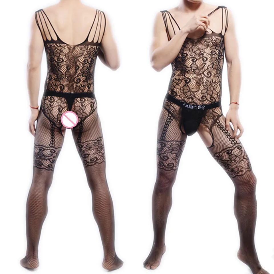 

Men Bodysuit Sexy Hollow Mesh Black Bar club Dance Party Bodystockings Male Open-crotch Coveralls Body Stocking Bodyhose