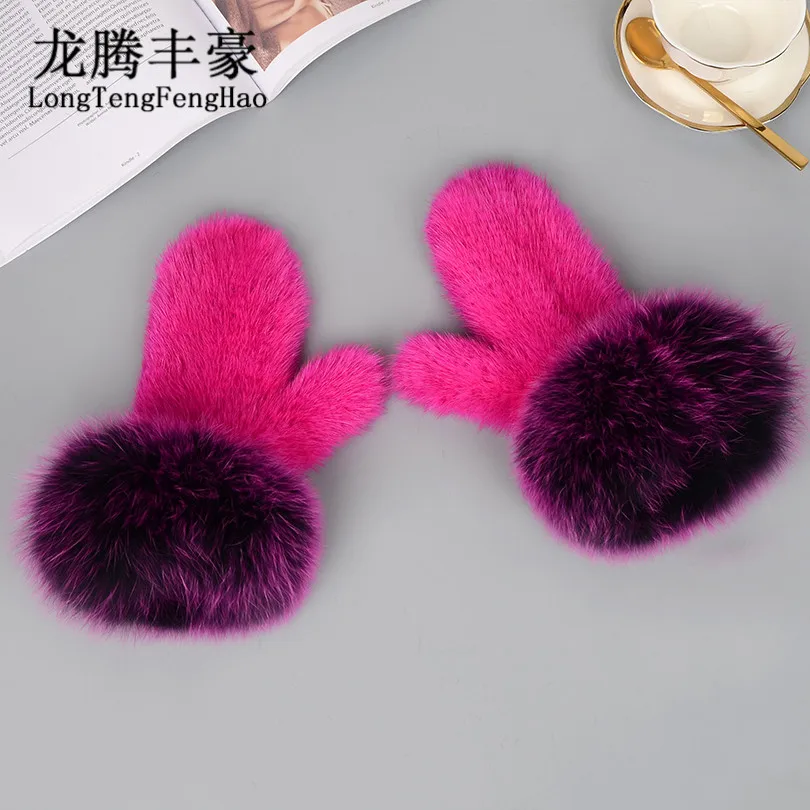 Mink Fur Knitted Ladies Mittens With Fox Fur Warm Fingerless Gloves Winter Women'S Mittens Fox Fur Gloves Free Shipping