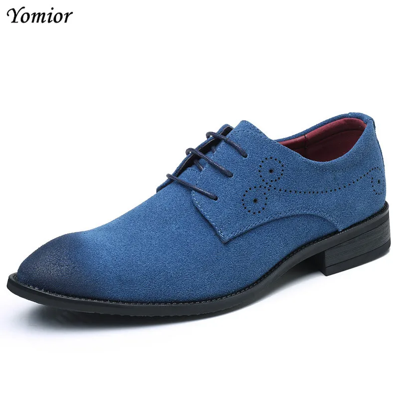 Yomior Classic Men Dress Shoes Cow Suede Formal Oxfords Fashion Casual Business Suit Office Leather Shoes Red Blue Wedding Shoes