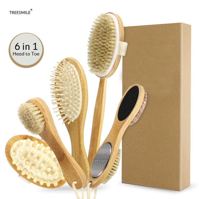 

TREESMILE Dry Body Brushing Set - Natural Bristle Shower Brush - Remove Dead Skin & Toxins,Cellulite Treatment Massage Brush D30