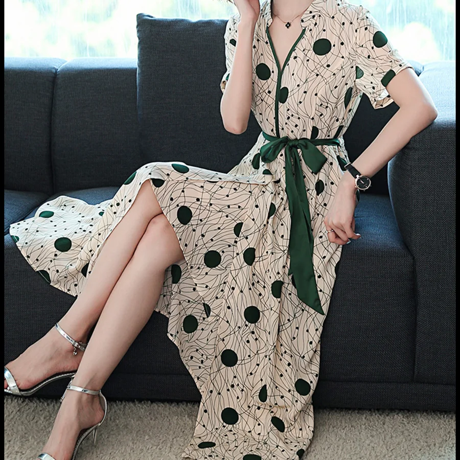 2024 koreańska jedwab, w stylu Vintage sukienka Midi lato nowe biuro pani biały nadruk elegancka Boho Maxi Sundress kobiety Bodycon Party Vestidos