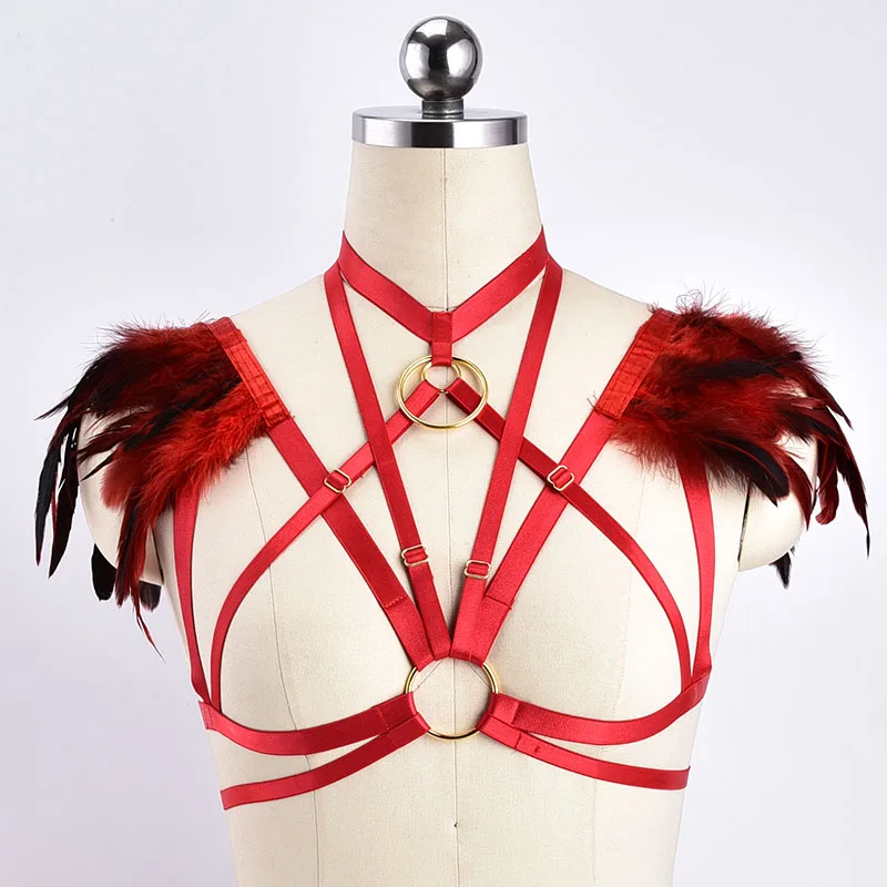 Red feather epaulettes Body harness Multicolor festival tribal shoulder pieces clothing Mardi Gras Cosplay Apparel Feather Bras