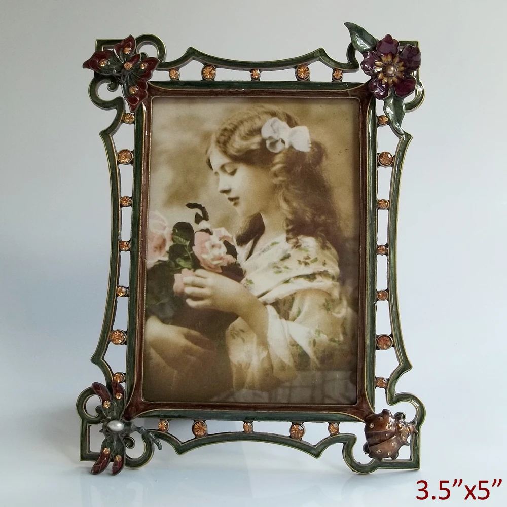 

Classic Antique Brass Green Jeweled 3.5x5 Inches Tabletop Metal Picture Photo Frame with Removable Decor Ornaments